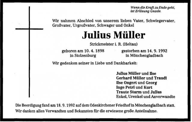 Mueller Julius 1898-1992 Todesanzeige